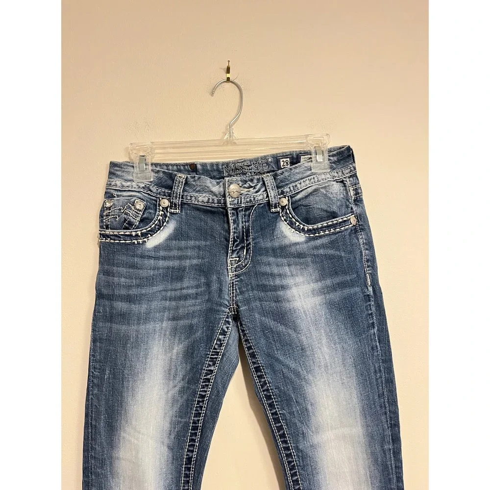 Miss Me Jeans Y2K Low Rise Boot Cut Embellished Rhinestones Thick Stitch Size 28